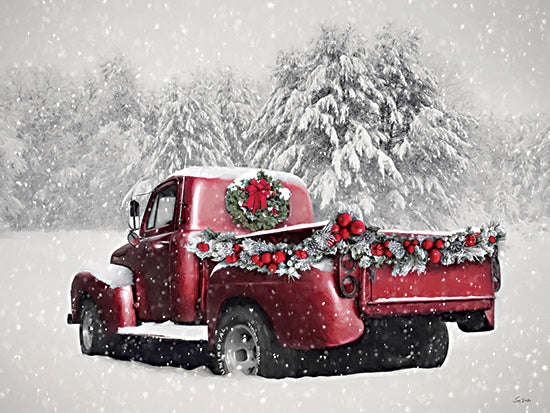 Lori Deiter LD3776 - LD3776 - Winter Wonderland - 16x12 red vintage truck, Christmas wreath, snow, winter landscape, pine garland, holiday decorations, snowfall, snowy forest, festive scene, Christmas spirit from Penny Lane