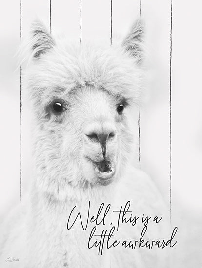 Lori Deiter LD3789 - LD3789 - This is Awkward - 12x16 white alpaca, surprised expression, wooden wall background, playful caption, fluffy texture, humor artwork, curious look, decorative pet print from Penny Lane