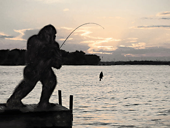 Lori Deiter LD3790 - LD3790 - Bigfoot and Little Fish - 16x12 Bigfoot, fishing, lake dock, humorous scene, mythological creature, silhouette at sunset, peaceful water, humorous fantasy, lake folklore from Penny Lane