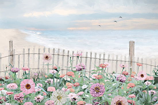 Lori Deiter LD3805 - LD3805 - Seaside Zinnias I - 18x12 misty meadow, wildflowers, green field, foggy morning, fence line, soft landscape, spring pasture, country field, delicate blooms, tranquil nature scene, moody haze, peaceful countryside, painterly grasses, fresh greenery from Penny Lane