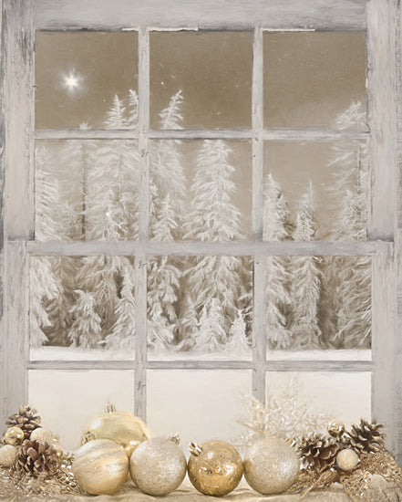Lori Deiter LD3826 - LD3826 - Golden Holiday Window    - 12x16 holiday window, winter forest, pinecones and ornaments, golden Christmas, snow trees, frosty panes, cozy scene, festive decor from Penny Lane