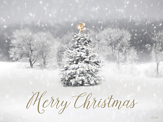 Lori Deiter LD3829 - LD3829 - Snow on Christmas Day    - 16x12 Christmas tree, snowy day, Merry Christmas text, festive card, holiday scene, snowfall, evergreen, wintery landscape, greeting from Penny Lane