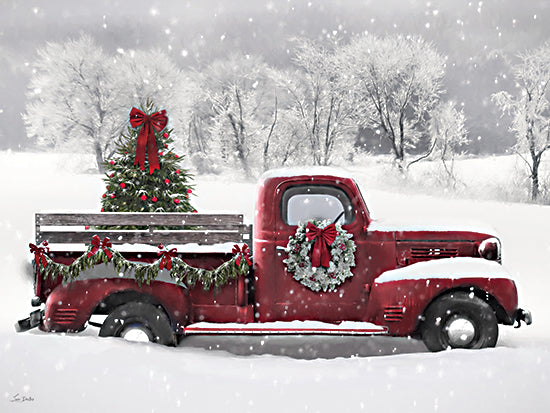 Lori Deiter LD3830 - LD3830 - That Holiday Feeling    - 16x12 red truck, decorated pickup, holiday wreath, Christmas tree, winter snow, seasonal decor, vintage vehicle, snowy countryside from Penny Lane