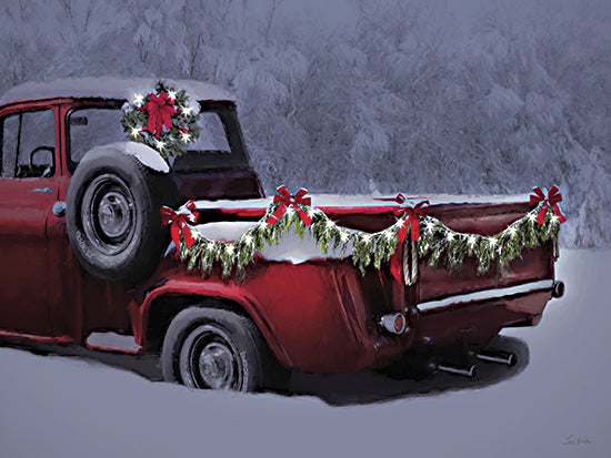 Lori Deiter LD3833 - LD3833 - Christmas Cruiser    - 16x12 classic red truck, Christmas wreath, snowy forest, garlands with bows, winter night, spare tire on side from Penny Lane