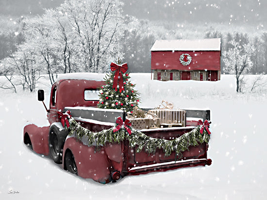 Lori Deiter LD3834 - LD3834 - Snowy Christmas Truck    - 16x12 vintage red truck, holiday gifts, Christmas tree, snow, red barn with wreath, festive decor, pine garlands from Penny Lane