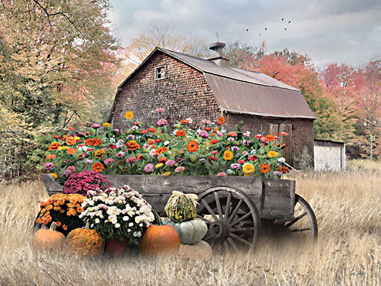 Lori Deiter LD3836 - LD3836 - Fall Country Wagon - 16x12 rustic barn, fall flowers, chrysanthemums, pumpkins, autumn foliage, wooden cart, seasonal decor from Penny Lane