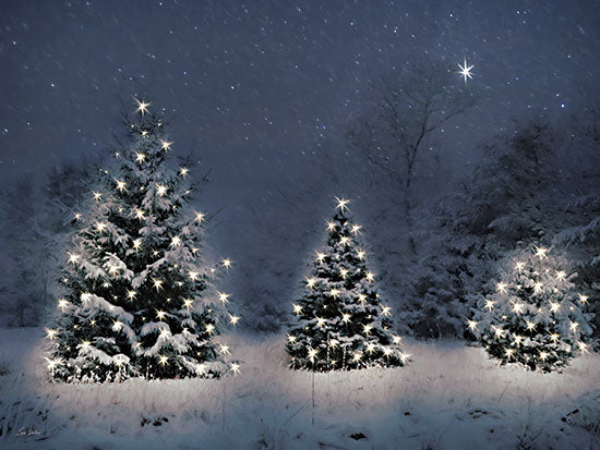 Lori Deiter LD3840 - LD3840 - Twinkling Christmas Trees - 16x12 three Christmas trees, snow-covered, twinkling lights, night winter scene, snowy meadow, star in sky, seasonal decor from Penny Lane