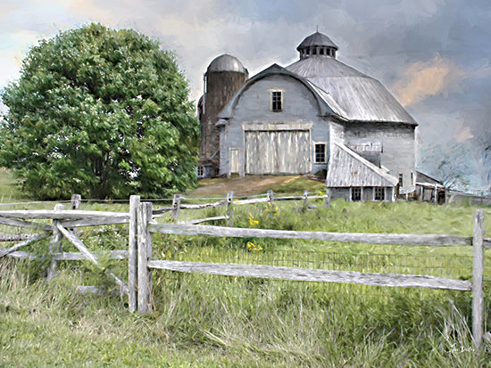 Lori Deiter LD3885 - LD3885 - Round Barn in Summer - 16x12 classic barn, large green tree, wooden fence, rural farmstead, grassy field, painterly style, rustic countryside, soft sky, farm architecture, pastoral landscape, spring/summer greenery, weathered wood, peaceful mood, modern farmhouse aesthetic, outdoors from Penny Lane