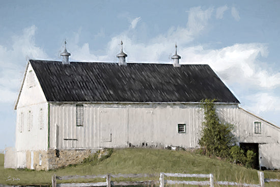 Lori Deiter LD3888 - LD3888 - The Country Keeper - 18x12 white barn, black roof, three cupolas, green grass, bright sky, rustic, countryside, serene, peaceful, vintage from Penny Lane