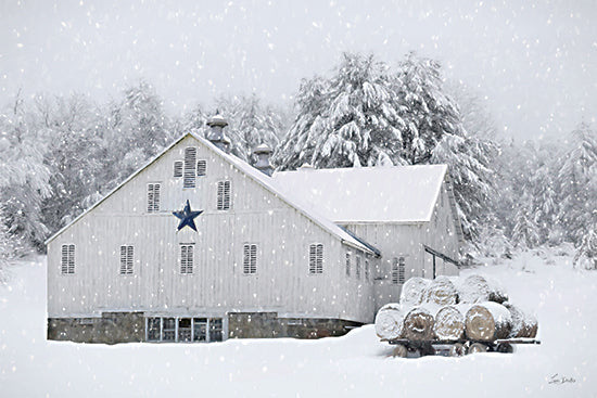 Lori Deiter LD3896 - LD3896 - Winter's Embrace - 18x12 white barn, snowy landscape, hay bales, blue star, snow-covered trees, winter farm scene, holiday atmosphere from Penny Lane