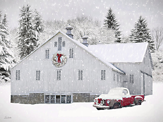Lori Deiter LD3897 - LD3897 - Snowfall on the Farm - 16x12 winter barn, snow, vintage truck, holiday decor, snowy landscape, Christmas wreath, country setting, snowfall, festive rural scene from Penny Lane