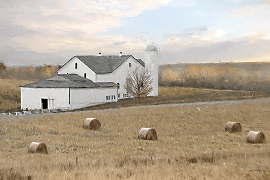 Lori Deiter LD3902 - LD3902 - Grounded in Tradition - 18x12 farm scene, white barn, hay bales, autumn countryside, farmland, rural America, painterly style, pastoral view, soft light from Penny Lane