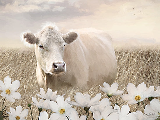 Lori Deiter LD3927 - LD3927 - Bovine and Blossoms - 16x12 white cow, cow portrait, farm animal, cattle, lying in grass, meadow, white flowers, daisies, wildflowers, countryside, rural, pastoral scene, soft sky, calm, neutral tones, painterly style, brush strokes, modern farmhouse, rustic farm decor from Penny Lane