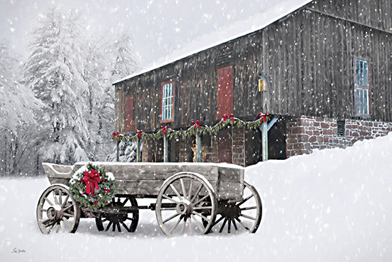 Lori Deiter LD3979 - LD3979 - Festive Snowfall - 18x12 rustic wagon, snowfall, barn garlands, festive decor, rural Christmas, snow-covered ground, holiday nostalgia from Penny Lane