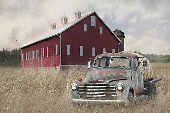 Lori Deiter LD3985 - LD3985 - Heartland Heritage - 18x12 red barn, vintage truck, hay bale on flatbed, golden field, country farm scene, rustic americana, painterly brush strokes, rural landscape, farmhouse decor, transportation, autumn tones from Penny Lane
