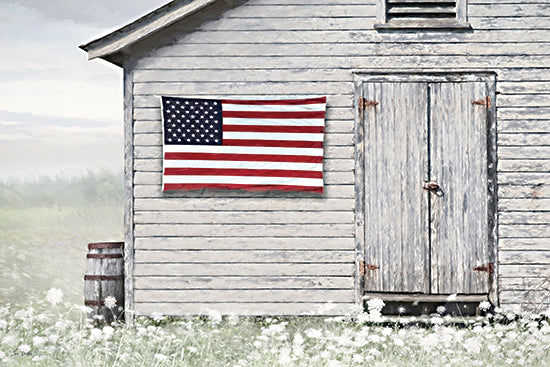 Lori Deiter LD3987 - LD3987 - Old Patriotic Shed - 18x12 American flag on barn, rustic white barn, patriotic farmhouse, weathered wood siding, country decor, rural Americana, summer field, old barrel, soft painterly artwork, patriotic wall art, barn door, farmhouse exterior, faded red white and blue from Penny Lane