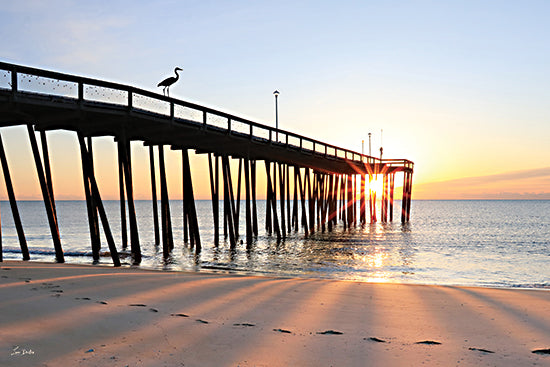 Lori Deiter LD3990 - LD3990 - The Pier's Morning Visitor - 18x12 pier at sunrise, ocean waves, beach sand shadows, heron on railing, tranquil coastal scene, morning light from Penny Lane