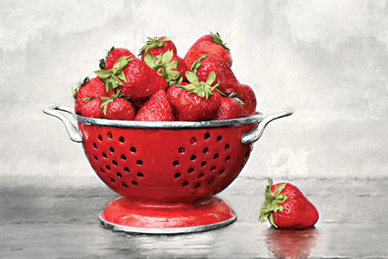 Lori Deiter LD4007 - LD4007 - Strawberry Goodness - 18x12 strawberries, red colander, fresh fruit, kitchen decor, still life, farmhouse kitchen, rustic produce, red metal colander, realistic painting, reflective surface from Penny Lane
