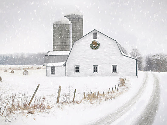 Lori Deiter LD4028 - LD4028 - Covered in White - 16x12 white barn, snow field, green silos, winter farming scene, quiet countryside, snowy lane, rural Pennsylvania from Penny Lane