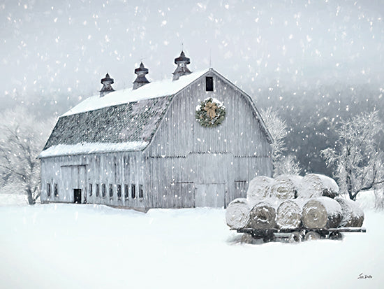 Lori Deiter LD4030 - LD4030 - Winter's Gentle Touch - 16x12 barn with cupolas, hay bales in snow, rural winter landscape, frosty weather, snowy farmland, vintage farm structure from Penny Lane