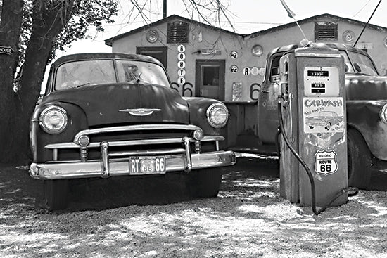 Lori Deiter LD4077 - LD4077 - Fill Up on Route 66 - 18x12 black and white Route 66, vintage car, antique gas pump, old service station, classic Chevrolet, roadside Americana, historic route sign, retro garage, nostalgic travel, masculine automotive decor, vintage transportation, black and white photography style, weathered signs, midcentury roadside scene from Penny Lane