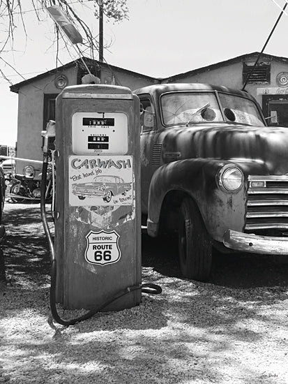 Lori Deiter LD4078 - LD4078 - Fill Up and Car Wash on Route 66 - 12x16 black and white Route 66 gas pump, vintage truck, classic roadside garage, antique fuel pump, carwash sign, historic route shield, nostalgic Americana, retro service station, old vehicle, transportation decor, masculine wall art, monochrome photography, weathered roadside attraction from Penny Lane