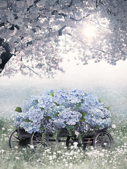 Lori Deiter LD4083 - LD4083 - Daybreak Hydrangeas - 12x16 hydrangea wagon, blue hydrangeas, flower cart, wooden wagon, spring meadow, wildflowers, sun rays, blooming tree, dreamy, soft light, nature, floral landscape, cottagecore, whimsical, painterly, brush strokes from Penny Lane