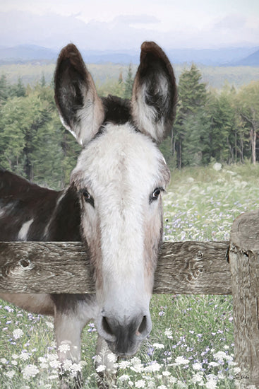Lori Deiter LD4088 - LD4088 - Curious Donkey - 12x18 donkey portrait, fence, white and black donkey, large ears, mountain meadow, wildflowers, rustic pasture, farm animal face, curious expression, spring landscape, country charm, gentle equine art, painterly brush strokes, pastoral farm decor from Penny Lane