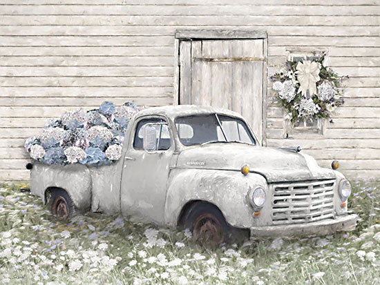 Lori Deiter LD4159 - LD4159 - Faded Memories - 16x12 vintage white pickup truck, hydrangea flowers, farmhouse wall, rustic floral truck, blue hydrangeas, country decor, old truck, summer blooms, cottage garden style, soft painterly art, vintage farm vehicle, romantic farmhouse scene from Penny Lane