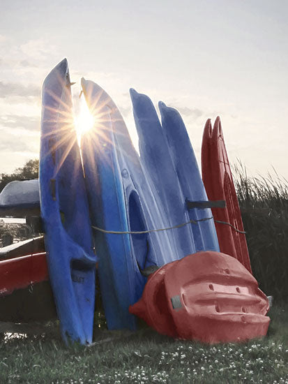 Lori Deiter LD4208 - LD4208 - Colorful Kayaks - 12x16 stacked kayaks, red and blue boats, sun flare, lakeside recreation, outdoor adventure, waterside grass, colorful kayaks, summer lake scene, painterly sports art, coastal boating feel, bright sunlight, vacation decor from Penny Lane