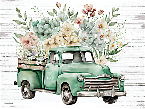 lettered & lined LET1084 - LET1084 - Vintage Flower Truck III - 16x12 watercolor green vintage pickup truck, floral truck bed, pastel flowers, farmhouse decor, rustic wood background, country spring art, shabby chic style, botanical illustration, feminine country wall art, painterly floral arrangement from Penny Lane