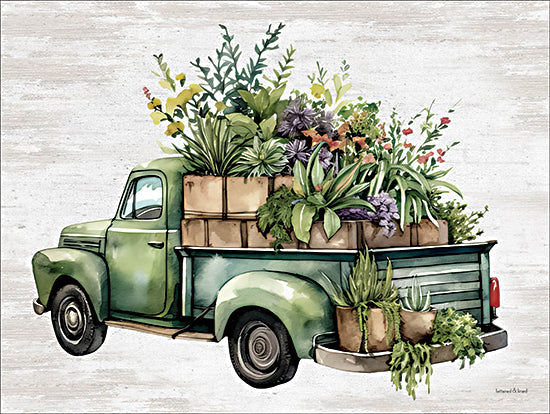 lettered & lined LET1085 - LET1085 - Vintage Flower Truck IV - 16x12 green truck, potted plants, farmhouse, rustic, greenery from Penny Lane