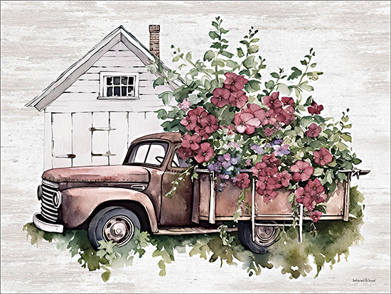 lettered & lined LET1089 - LET1089 - Posie Filled Vintage Truck - 16x12 rustic truck, purple flowers, barn, farmhouse setting from Penny Lane
