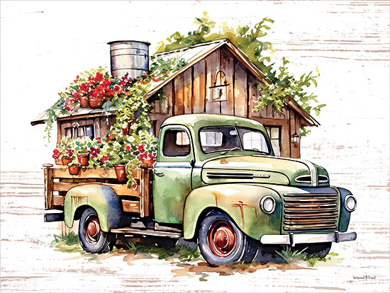 lettered & lined LET1090 - LET1090 - Flower Shed Delivery - 16x12 green truck, flower pots, farmhouse, rustic decor, greenery from Penny Lane
