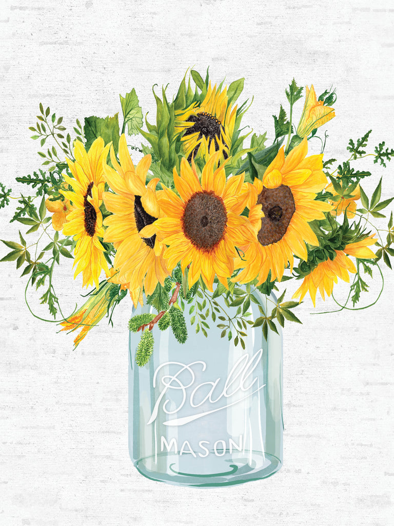lettered & lined LET1191 - LET1191 - Summer Sunflowers - 12x16 sunflowers, mason jar, flower bouquet, green leaves, rustic vase, country flowers, farmhouse decor, still life, decorative print from Penny Lane
