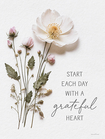 lettered & lined LET1200 - LET1200 - Grateful Heart - 12x16 white and pink flowers, gratitude quote, start each day, inspirational floral, feminine decor, pressed flowers from Penny Lane