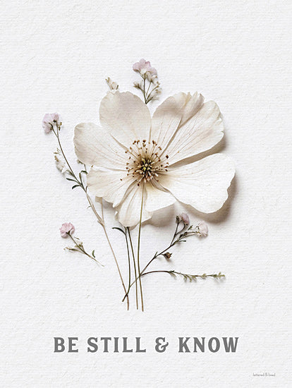lettered & lined LET1201 - LET1201 - Be Still & Know - 12x16 white flower, inspirational quote, be still and know, floral art, pressed flower arrangement, neutral tones from Penny Lane