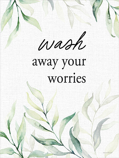 lettered & lined LET1202 - LET1202 - Wash Away Your Worries - 12x16 leafy watercolor, green leaves, inspirational bathroom sign, wash away your worries, botanical print from Penny Lane