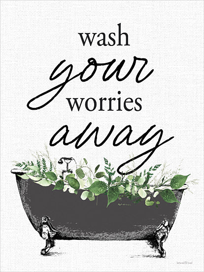 lettered & lined LET1208 - LET1208 - Wash Your Worries Away Bathtub - 12x16 vintage bathtub, green foliage, relaxation, wash your worries away quote, bathroom decor, self-care, mental wellness, peaceful, calming, clawfoot tub from Penny Lane