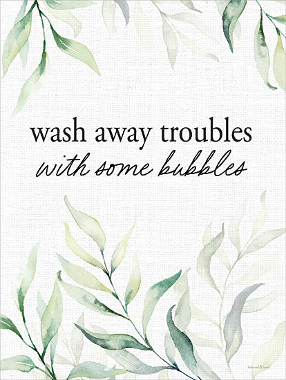 lettered & lined LET1209 - LET1209 - Wash Away Troubles - 12x16 green leaves, watercolor foliage, bubbles, bathroom quote, wash away troubles, bath decor, peaceful greenery, calming quote from Penny Lane