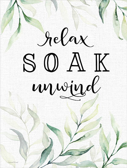 lettered & lined LET1212 - LET1212 - Relax, Soak, Unwind - 12x16 relax, soak, unwind quote, leafy decor, watercolor foliage, spa inspiration, calming wall art, bathroom relaxation from Penny Lane