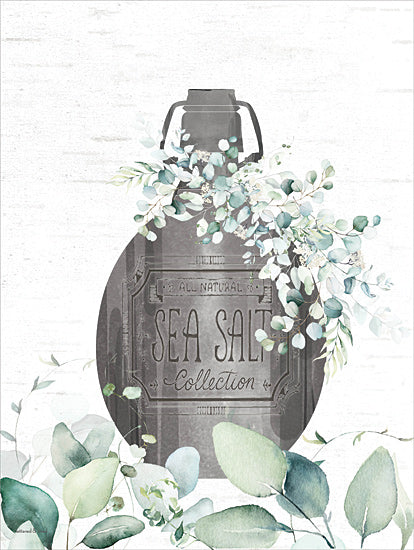 lettered & lined LET1217 - LET1217 - Sea Salt and Greenery - 12x16 sea salt collection jar, vintage apothecary label, eucalyptus greenery, farmhouse spa decor, botanical watercolor art, neutral rustic style, bathroom wall decor, still life illustration, painterly texture from Penny Lane