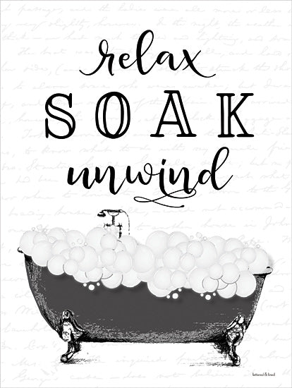 lettered & lined LET1218 - LET1218 - Relax, Soak, Unwind Bathtub - 12x16 bathtub with bubbles, relax soak unwind, bathroom wall decor, vintage tub, self-care quote, soothing illustration, spa art from Penny Lane