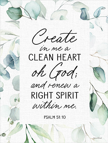 lettered & lined LET1228 - LET1228 - Clean Heart - 12x16 psalm 51:10, scripture quote, clean heart, Christian verse, spiritual renewal, botanical border, watercolor leaves, faith art from Penny Lane
