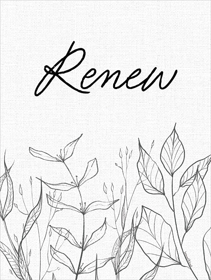 lettered & lined LET1235 - LET1235 - Leaf Sketch Renew - 12x16 Renew, sketched plant art, uplifting quote, inspiration, minimalist foliage, calming decor, peaceful message, black and white typography art from Penny Lane
