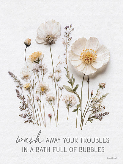 lettered & lined LET1242 - LET1242 - Wash Away Troubles Pressed Flowers - 12x16 Bath relaxation quote, soft flowers, botanical theme, pastel tones, soothing wall art, self-care print, floral arrangement from Penny Lane