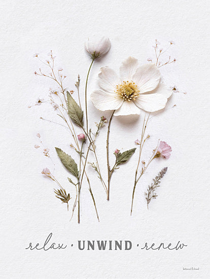 lettered & lined LET1245 - LET1245 - Relax, Unwind, Renew Pressed Flowers - 12x16 pressed flowers, white blossom, pastel floral design, elegant botanical art, inspirational quote, clean background, delicate typography, motivational message, nature-inspired art, relax unwind renew from Penny Lane