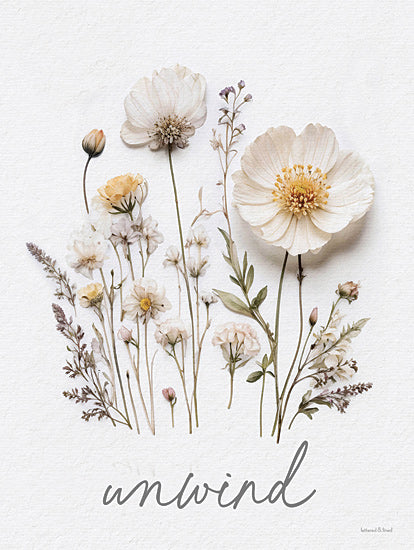 lettered & lined LET1247 - LET1247 - Unwind Pressed Flowers - 12x16 pressed wildflowers, white daisies, inspirational wall decor, flower arrangement, nature typography, unwind text, gentle colors, natural design, calming print from Penny Lane