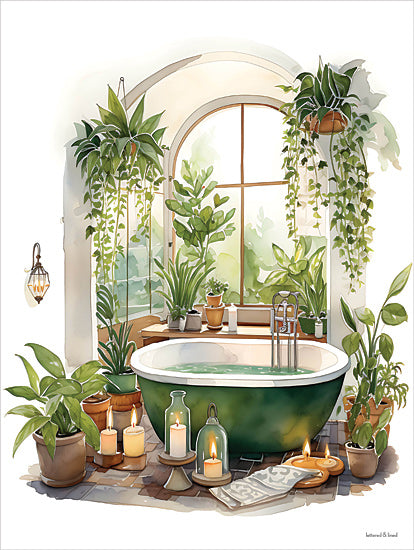 lettered & lined LET1257 - LET1257 - Tranquility Found - 12x16 green bathtub, indoor plants, spa scene, candles, window light, wellness, relaxation, home decor, jungle bathroom from Penny Lane