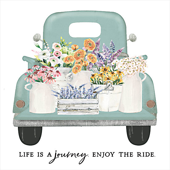 lettered & lined LET1264 - LET1264 - Life is a Journey   - 12x12 vintage truck with colorful flowers, mint green truck, flower market, garden blooms, spring decor, inspirational quote, journey message from Penny Lane